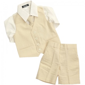 Boys Beige Cotton Linen 4 Piece Shorts Suit